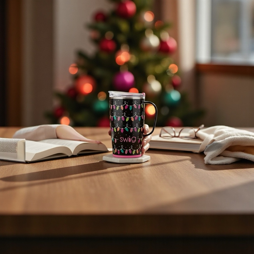 Swig Black & Pink Holiday Light Travel Mug with Handle - Picture 4 of 4